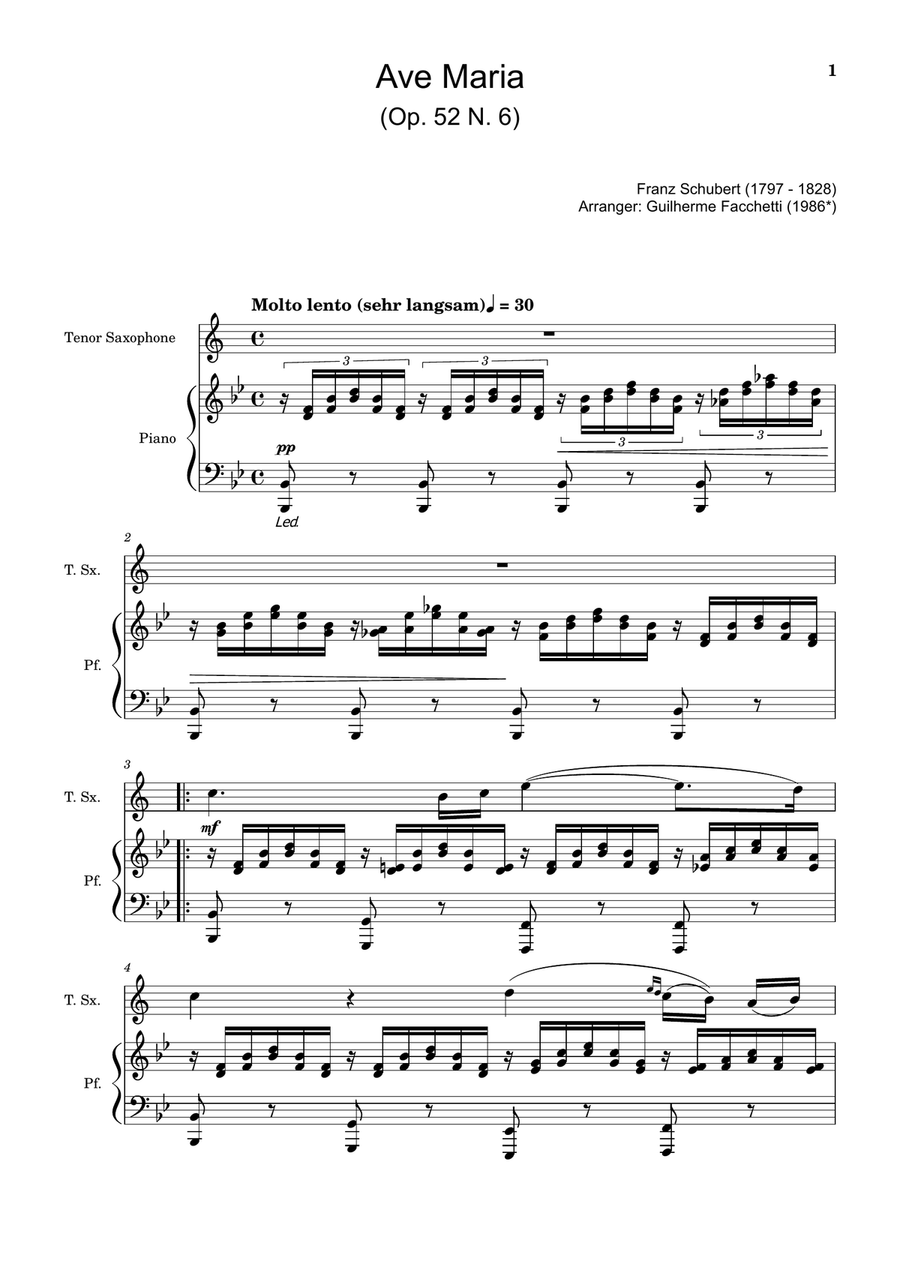 Ave Maria by F. Schubert – Arranged for T. Sax and Piano. Woodwind Duet scores gallery preview page 1