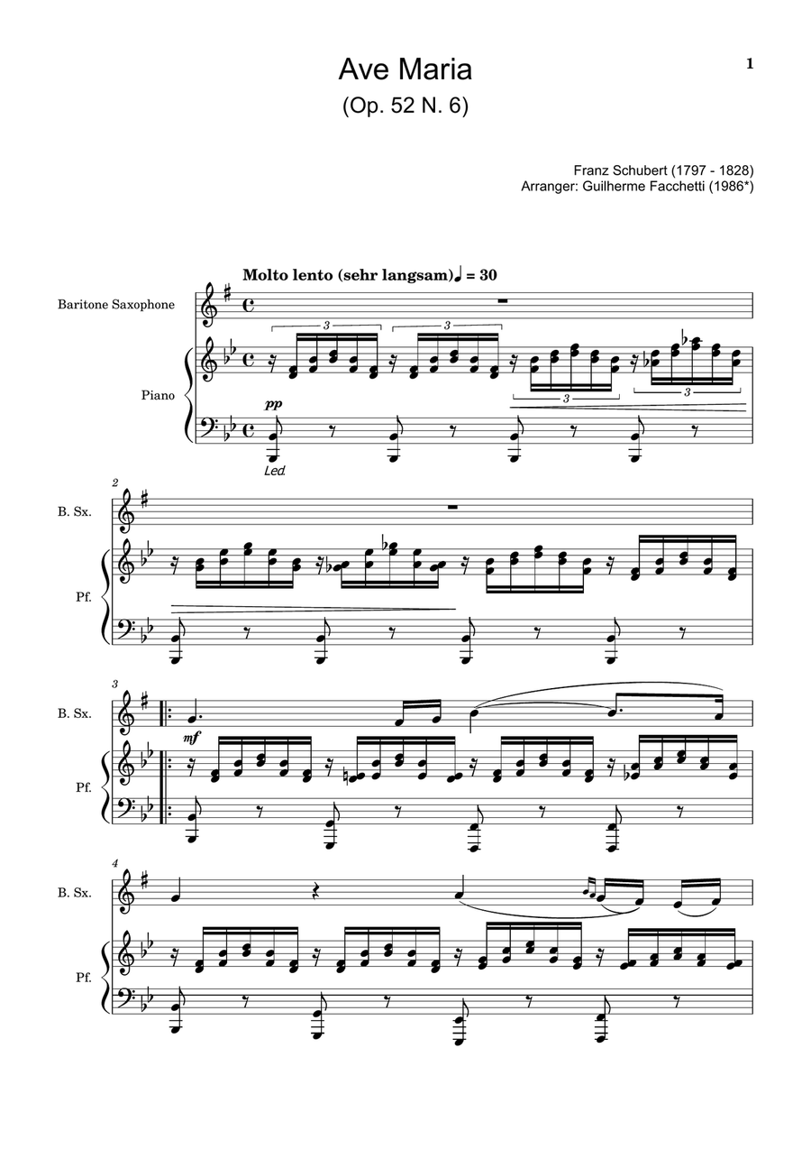 Ave Maria by F. Schubert – Arranged for B. Sax and Piano Woodwind Duet scores gallery preview page 1