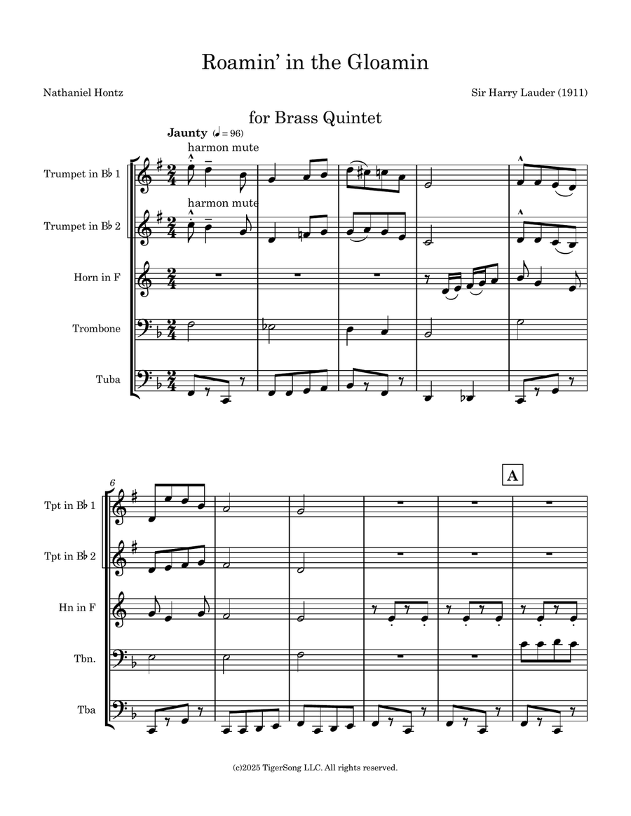 Roamin' in the Gloamin (Sir Harry Lauder) for Brass Quintet Baritone Horn TC scores gallery preview page 1