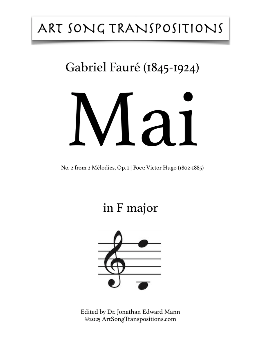 FAURÉ: Mai, Op. 1 no. 2 (transposed to F major) Piano, Vocal scores gallery preview page 1