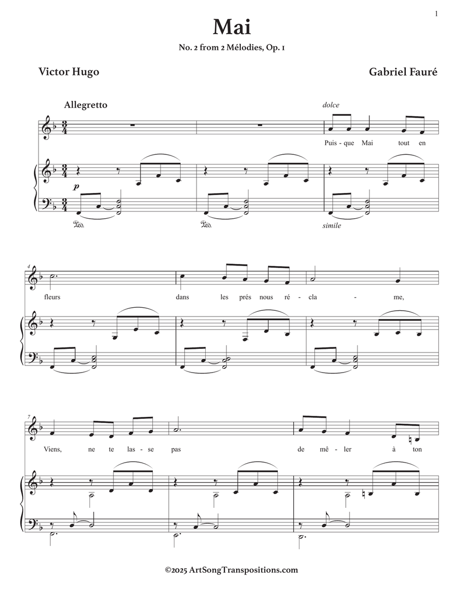 FAURÉ: Mai, Op. 1 no. 2 (transposed to F major) Piano, Vocal scores gallery preview page 2