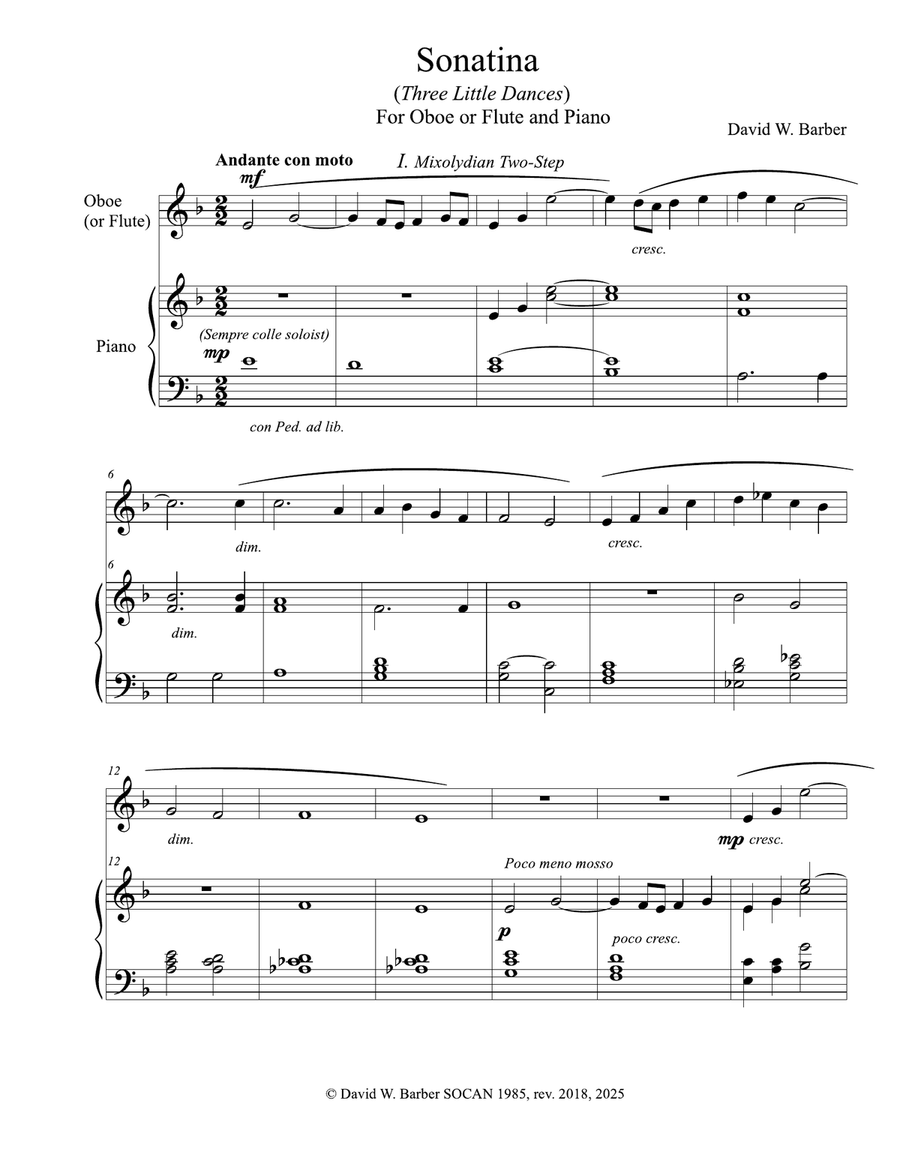 Sonatina (Three Little Dances) for Oboe or Flute and Piano Chamber Music scores gallery preview page 1