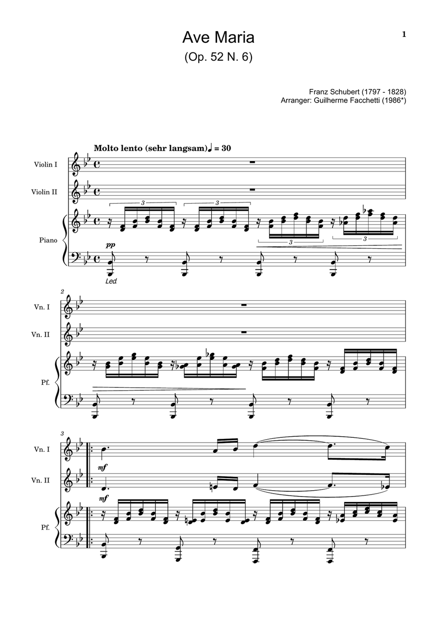 Ave Maria by F. Schubert – Violin Duet and Piano. Score and Parts String Duet scores gallery preview page 1