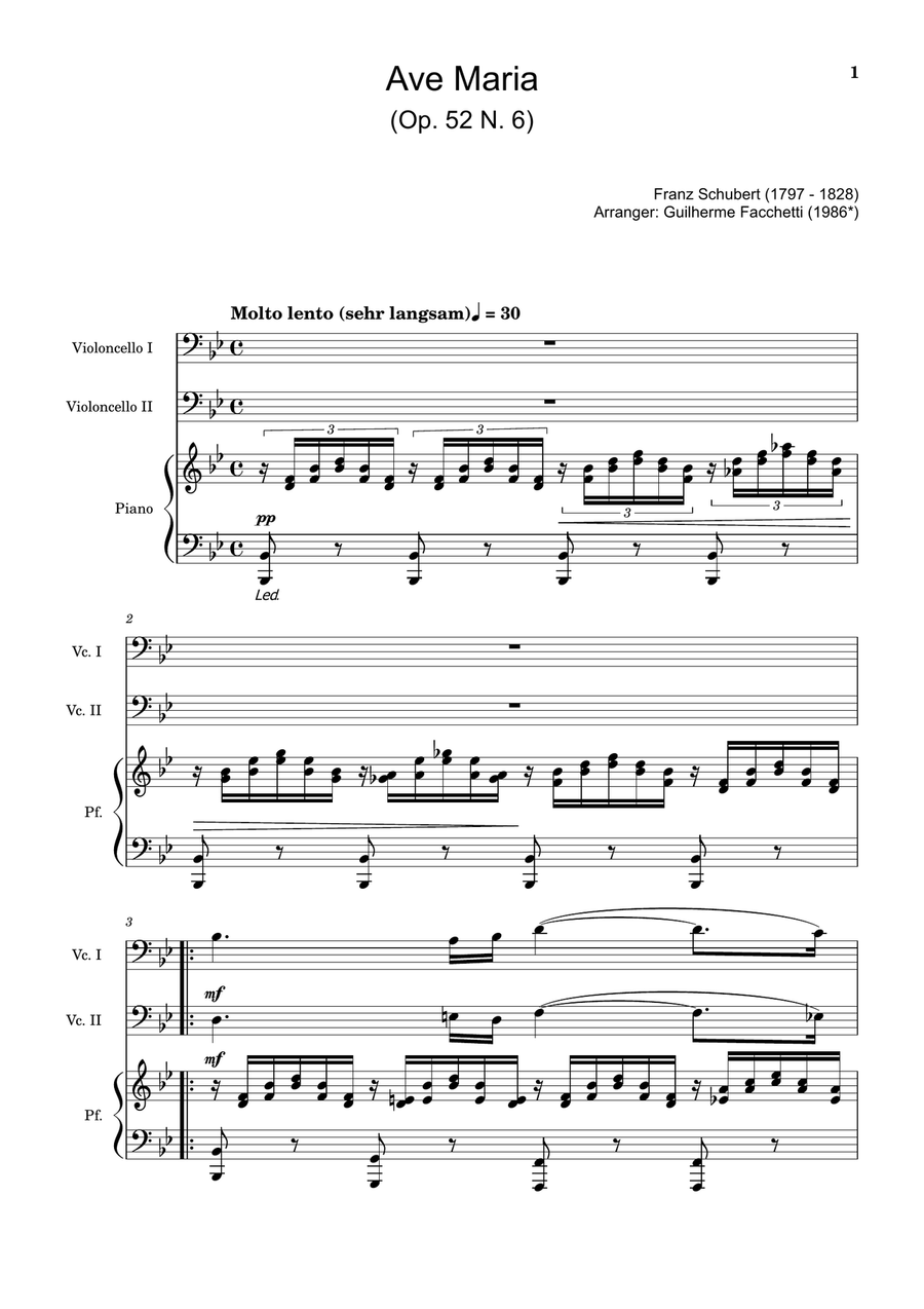 Ave Maria by F. Schubert – Cello Duet and Piano. Score and Parts String Duet scores gallery preview page 1
