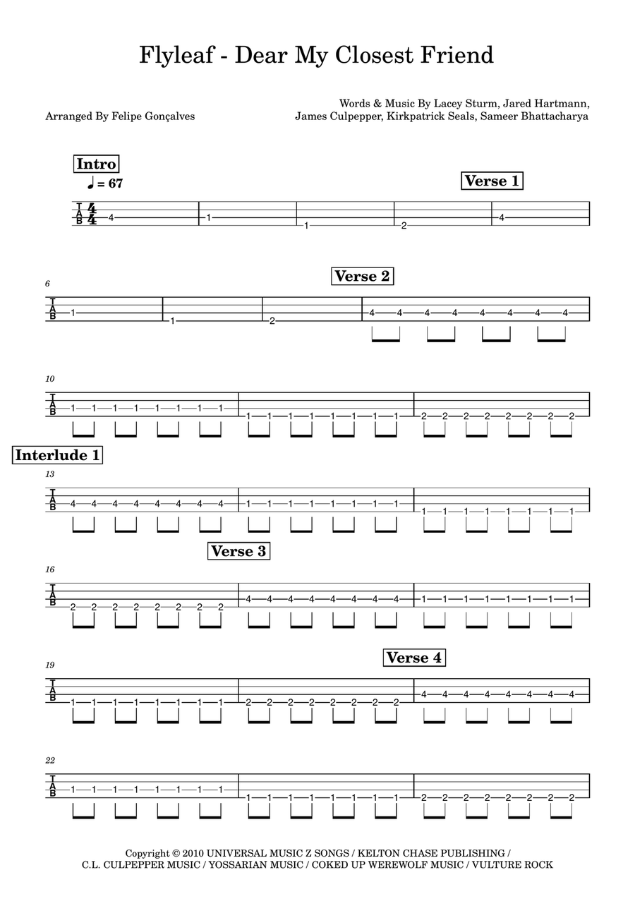 Dear My Closest Friend Dear My Closest Friend Bass Guitar Tablature scores gallery preview page 1