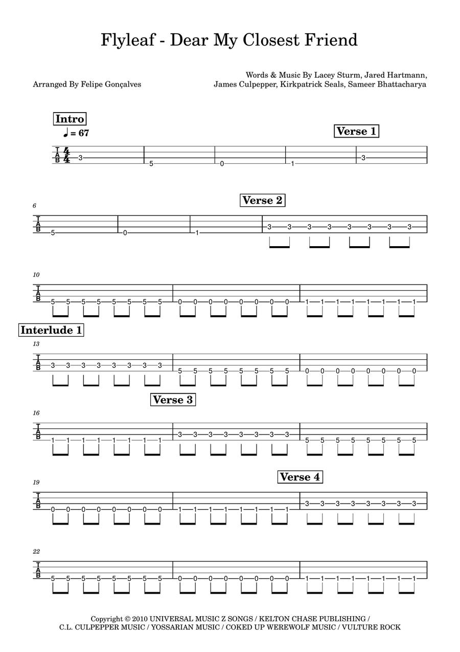 Dear My Closest Friend Dear My Closest Friend Bass Guitar Tablature scores gallery preview page 1