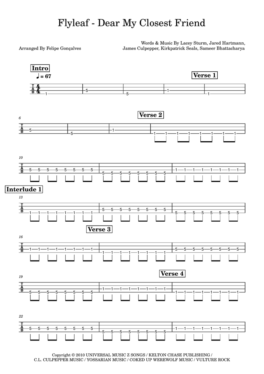 Dear My Closest Friend Dear My Closest Friend Bass Guitar Tablature scores gallery preview page 1
