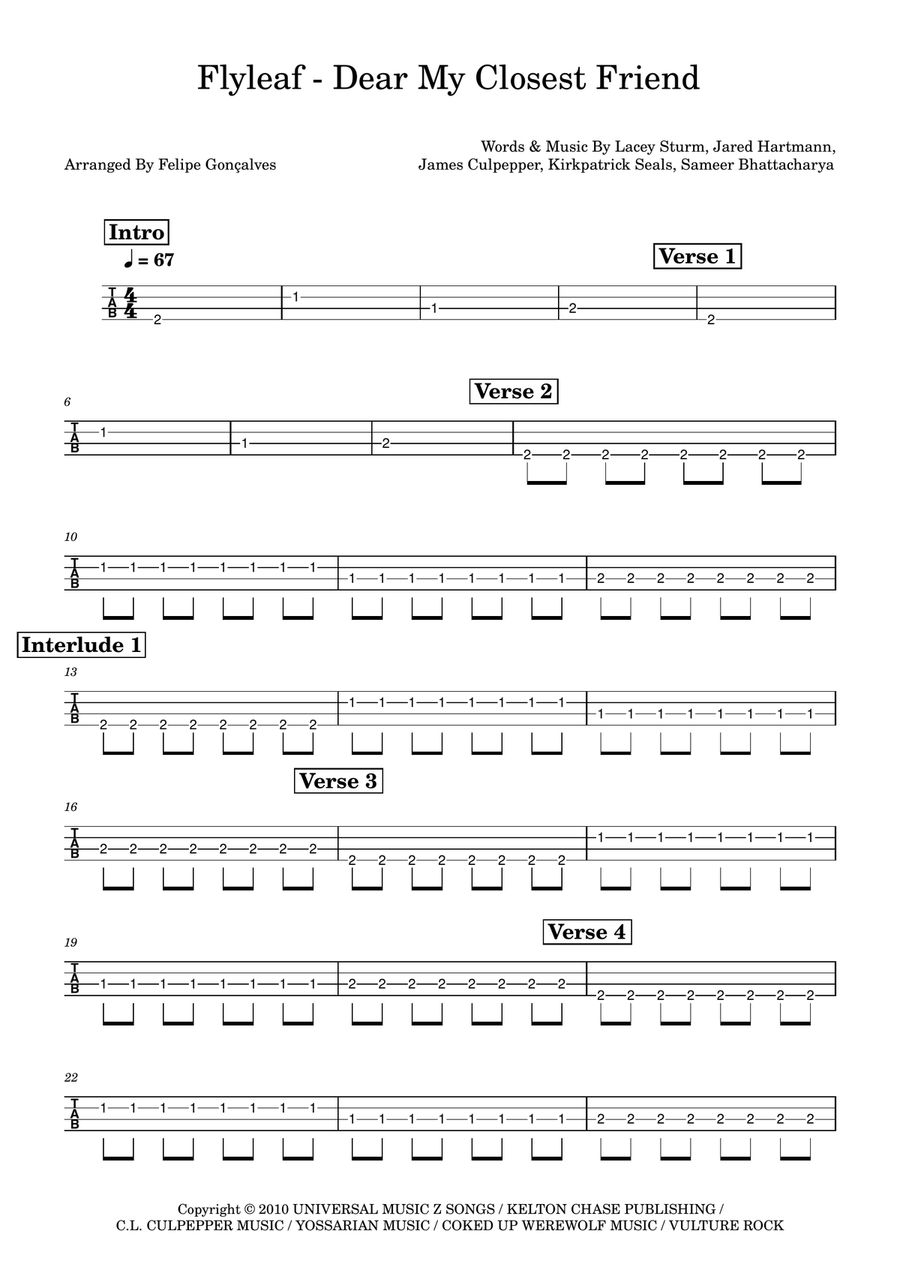 Dear My Closest Friend Dear My Closest Friend Bass Guitar Tablature scores gallery preview page 1