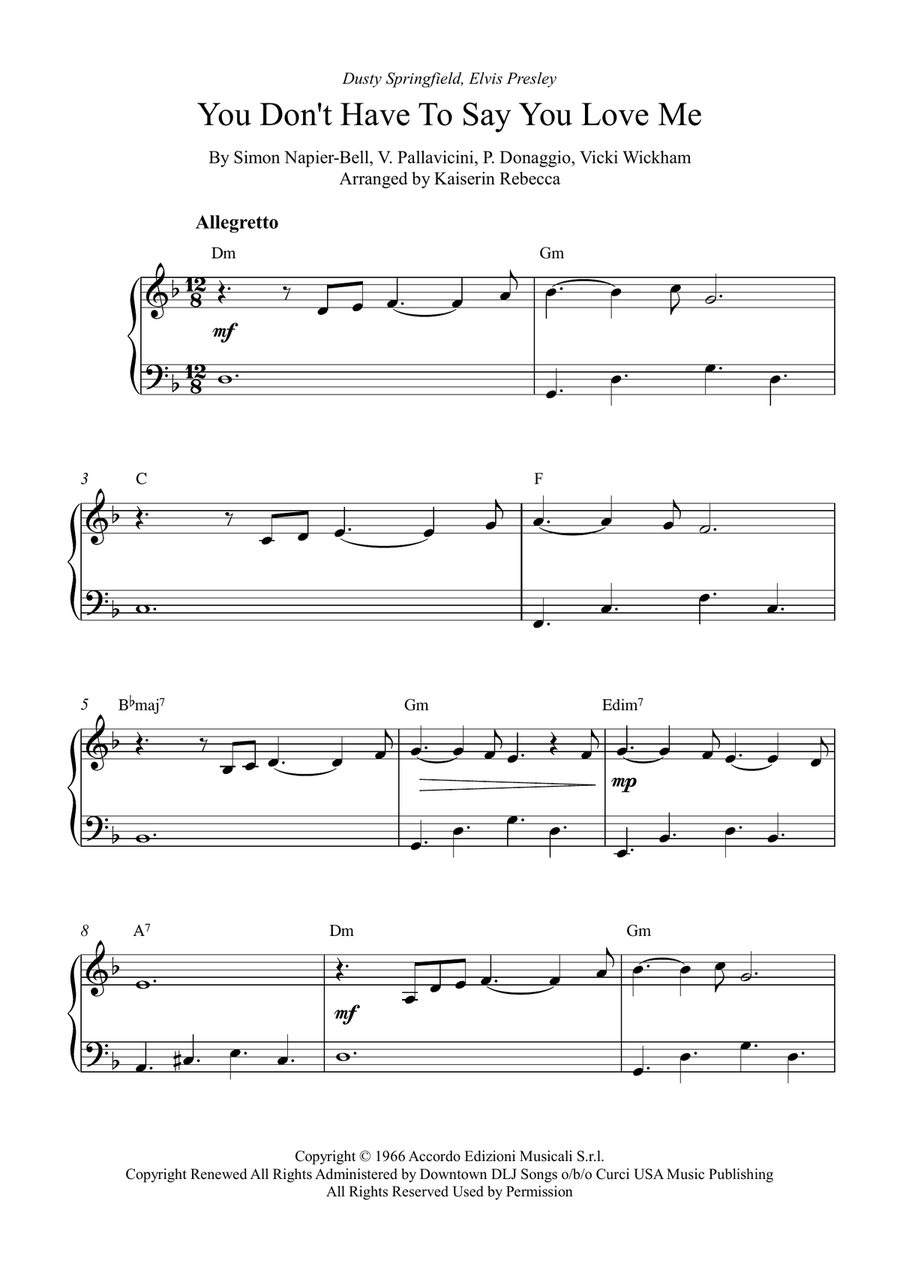 You Don't Have To Say You Love Me Easy Piano scores gallery preview page 1