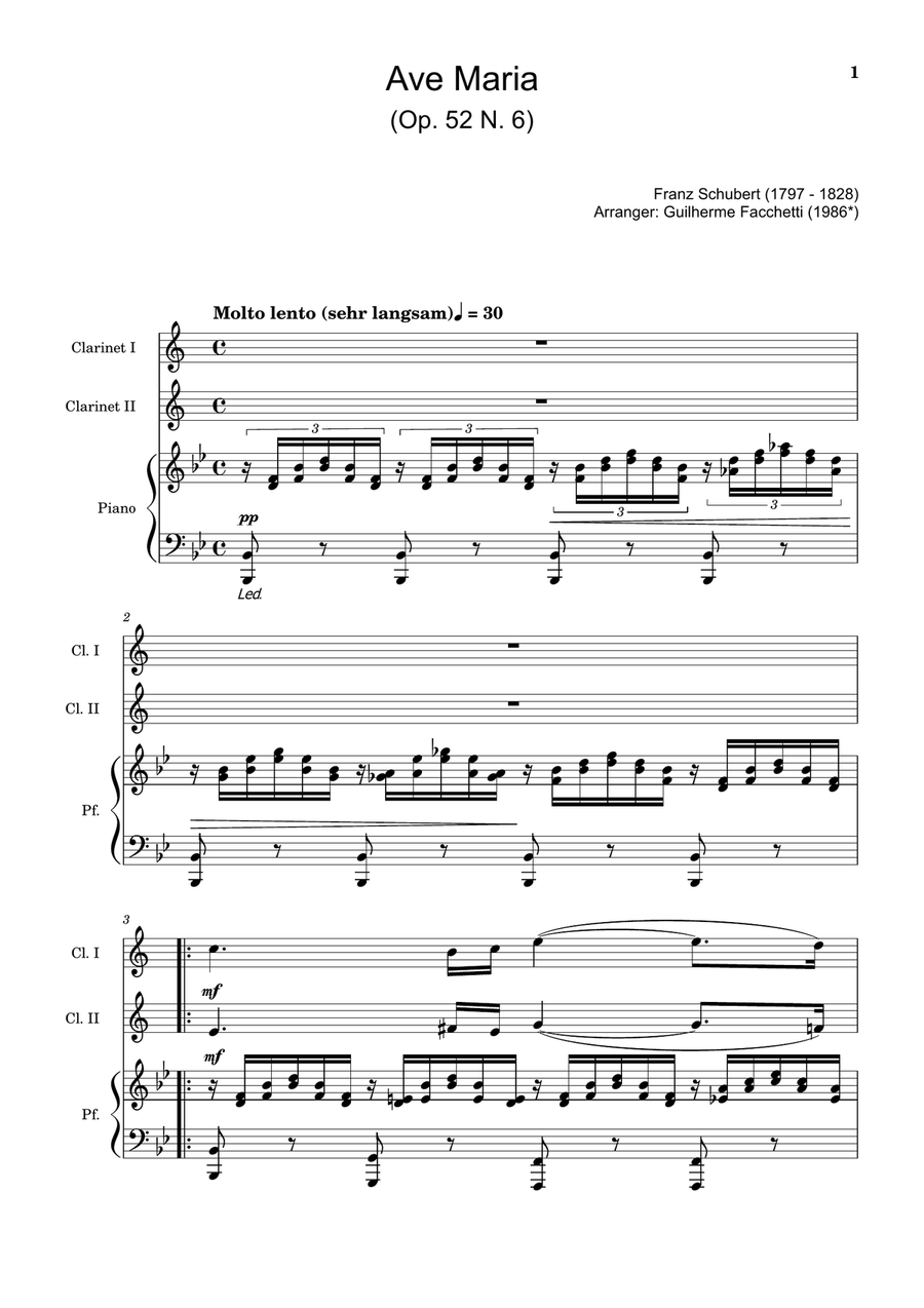 Ave Maria by F. Schubert – Clarinet Duet and Piano. Score and Parts Clarinet Duet scores gallery preview page 1