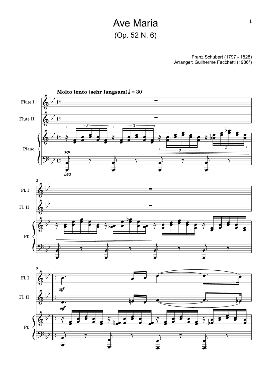 Ave Maria by F. Schubert – Flute Duet and Piano. Score and Parts Flute Duet scores gallery preview page 1