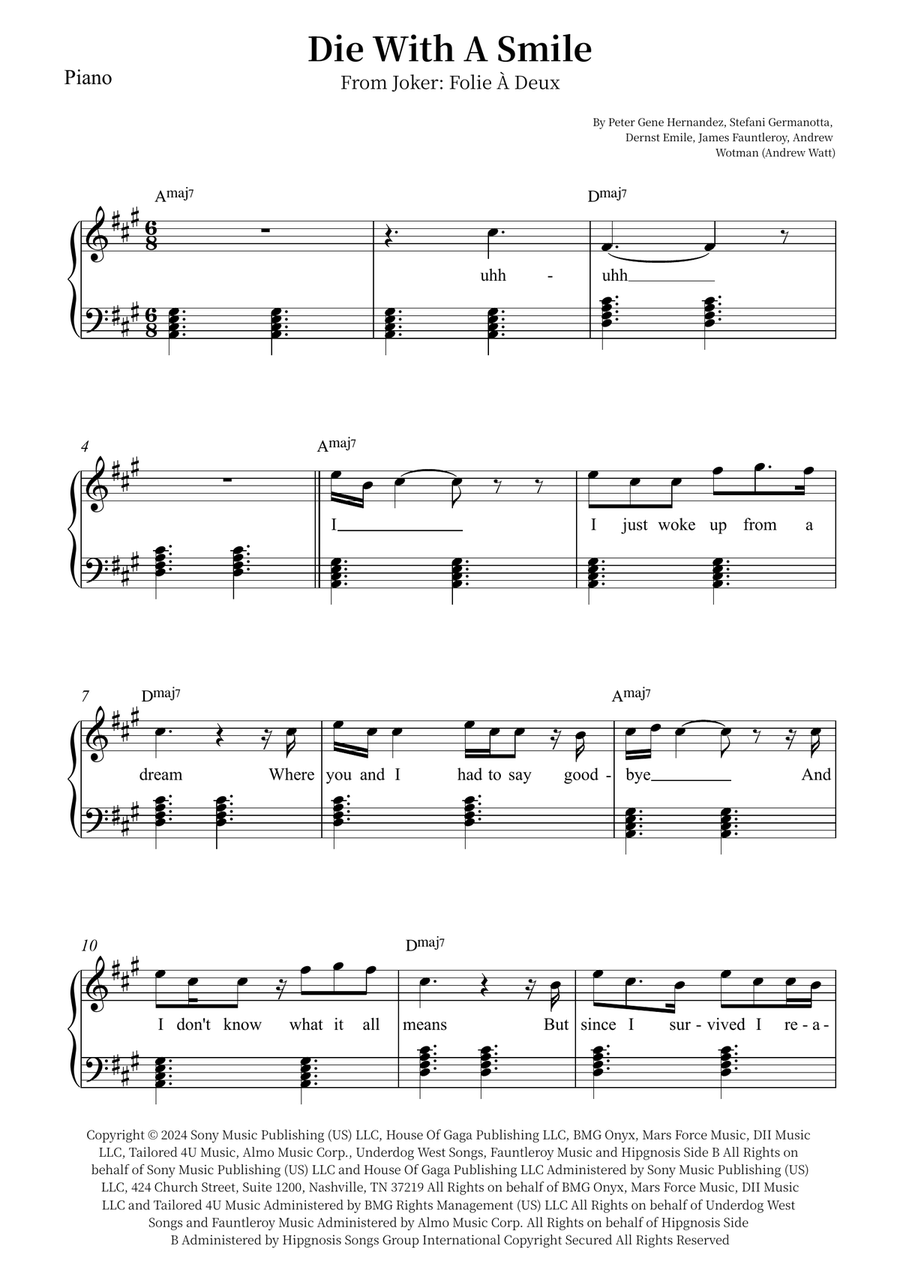 Die With A Smile Die With A Smile Piano, Vocal scores gallery preview page 1