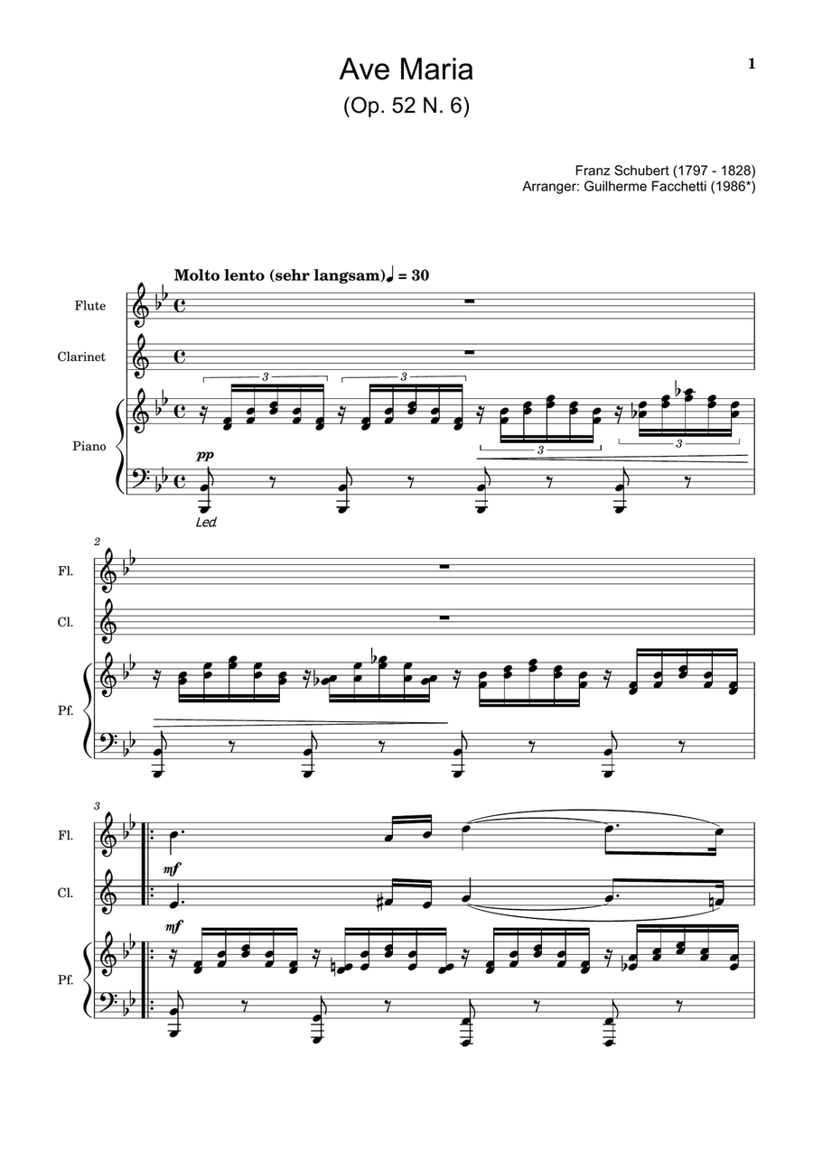 Ave Maria by F. Schubert – Flute, Clarinet and Piano. Score and Parts Small Ensemble scores gallery preview page 1