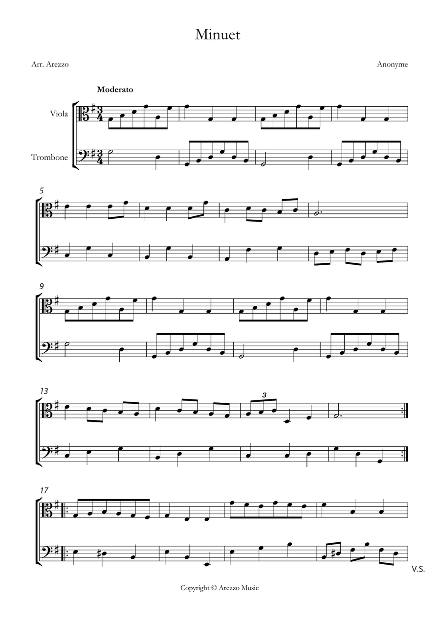 bach bwv anh. 116 minuet in g major Viola and Trombone sheet music Chamber Music scores gallery preview page 1