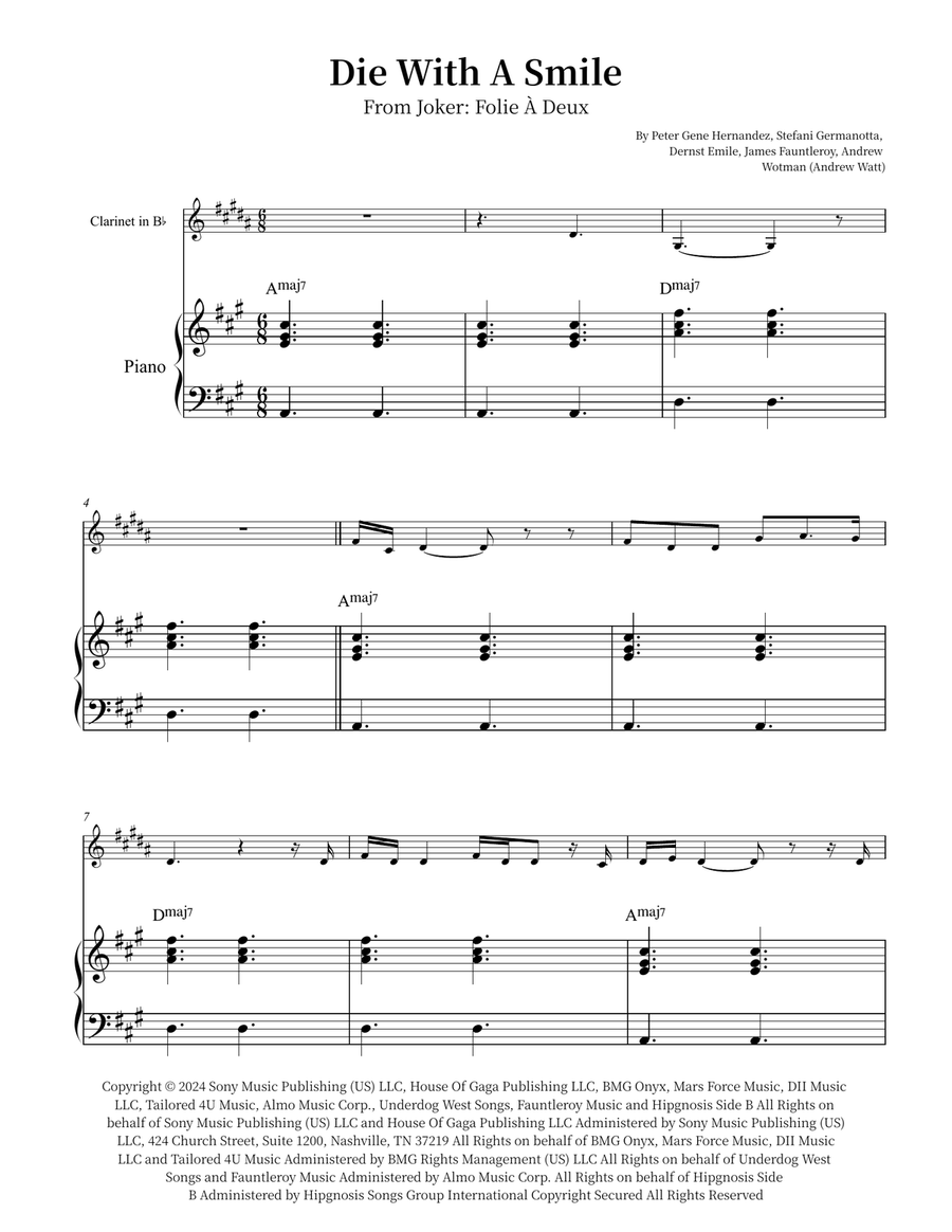 Die With A Smile Die With A Smile B-Flat Clarinet scores gallery preview page 1