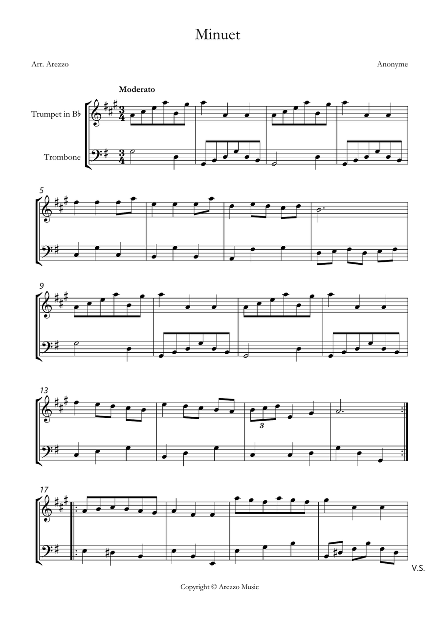 bach bwv anh. 116 minuet in g major Trumpet and Trombone sheet music Brass Duet scores gallery preview page 1