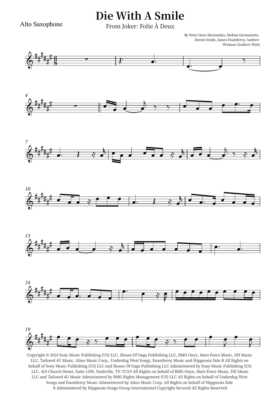 Die With A Smile Die With A Smile Alto Saxophone scores gallery preview page 1