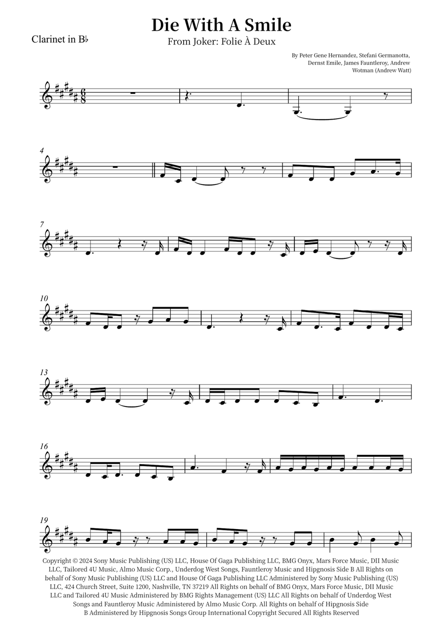 Die With A Smile Die With A Smile B-Flat Clarinet scores gallery preview page 1