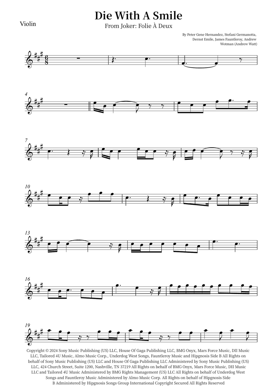 Die With A Smile Die With A Smile Violin Solo scores gallery preview page 1