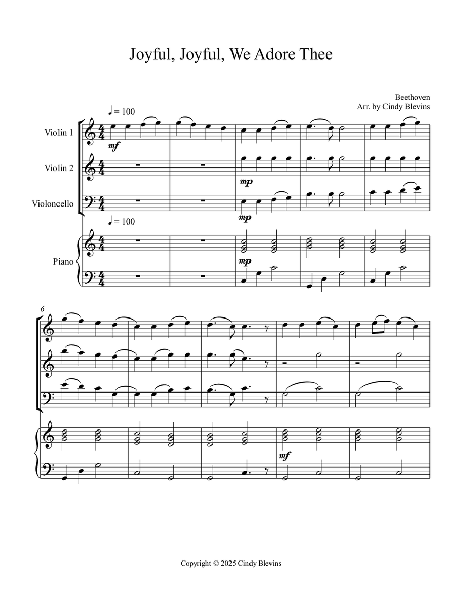 Joyful, Joyful, We Adore Thee, for Two Violins, Cello and Piano Piano Quartet scores gallery preview page 2