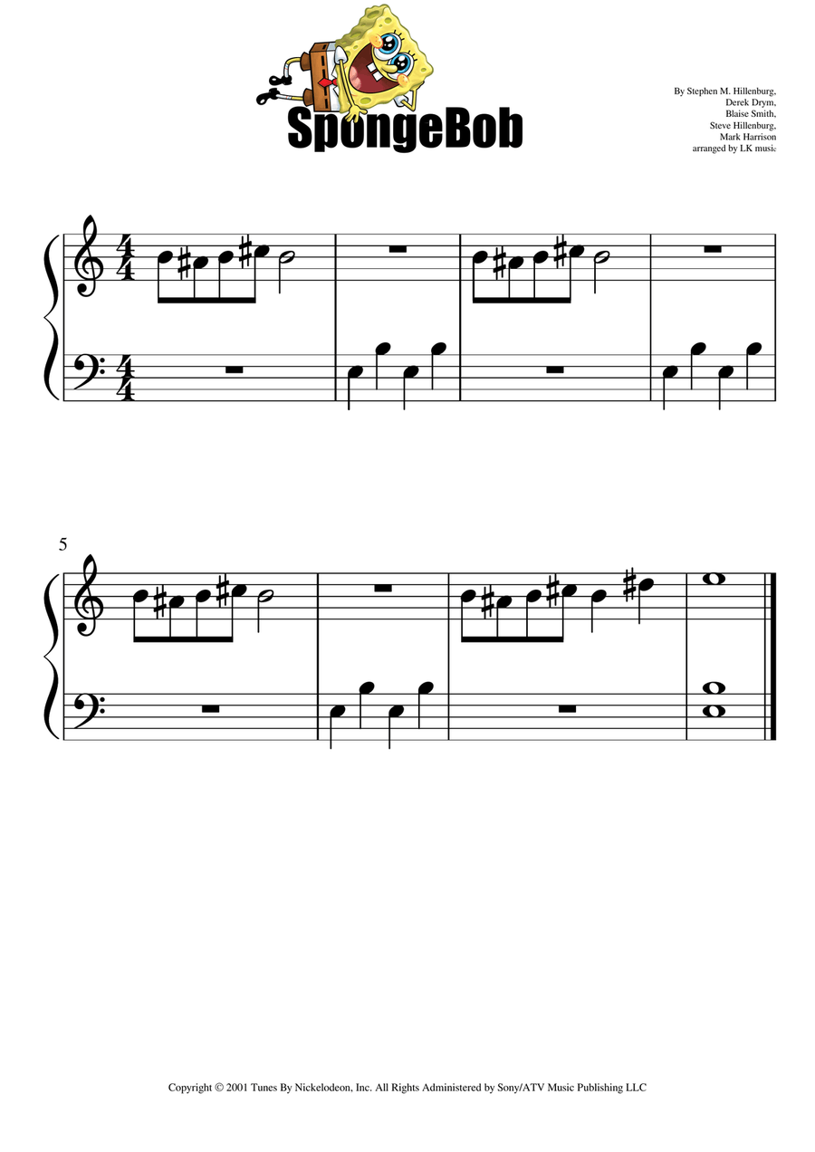 Spongebob Squarepants Theme Song Easy Piano scores gallery preview page 1