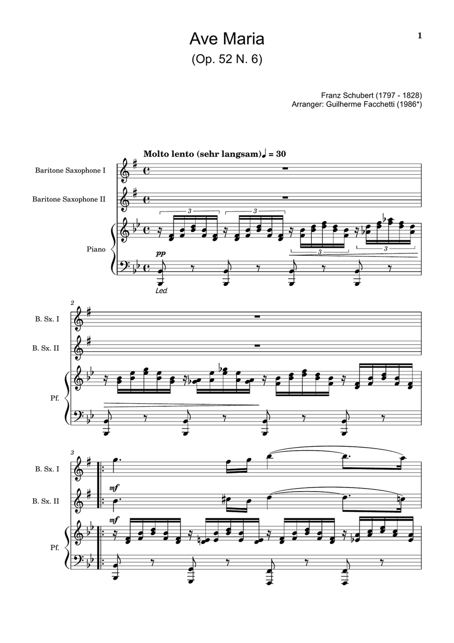 Ave Maria by F. Schubert – B. Sax Duet and Piano. Score and Parts Woodwind Duet scores gallery preview page 1