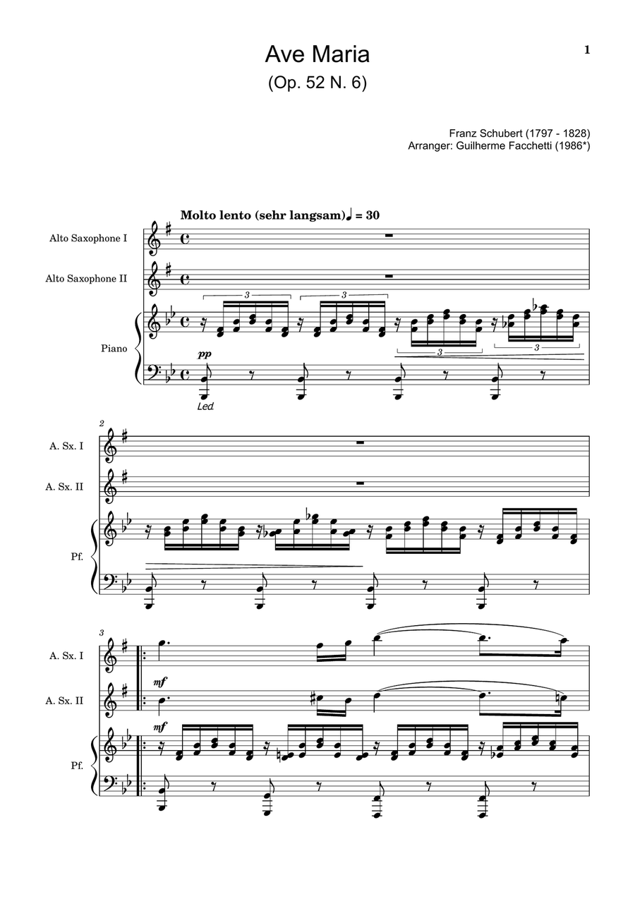 Ave Maria by F. Schubert – A. Sax Duet and Piano. Score and Parts Small Ensemble scores gallery preview page 1