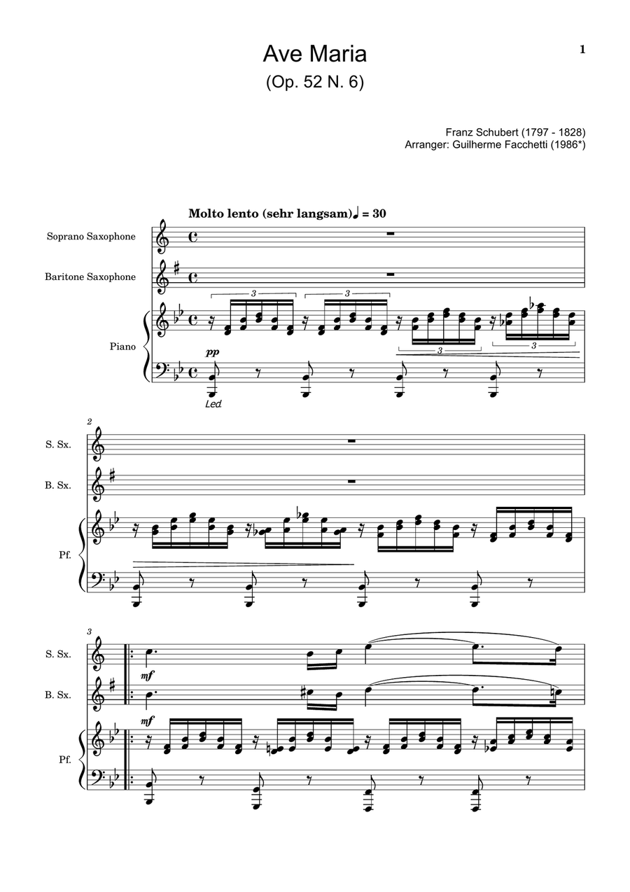 Ave Maria by F. Schubert – S. Sax, B. Sax and Piano. Score and Parts Small Ensemble scores gallery preview page 1
