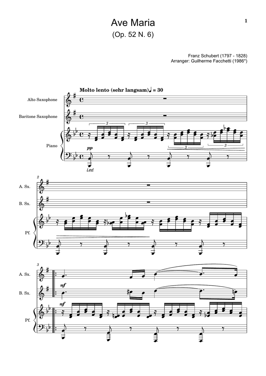 Ave Maria by F. Schubert – A. Sax, B. Sax and Piano. Score and Parts Small Ensemble scores gallery preview page 1