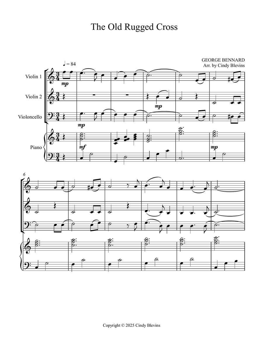 The Old Rugged Cross, for Two Violins, Cello and Piano Piano Quartet scores gallery preview page 2