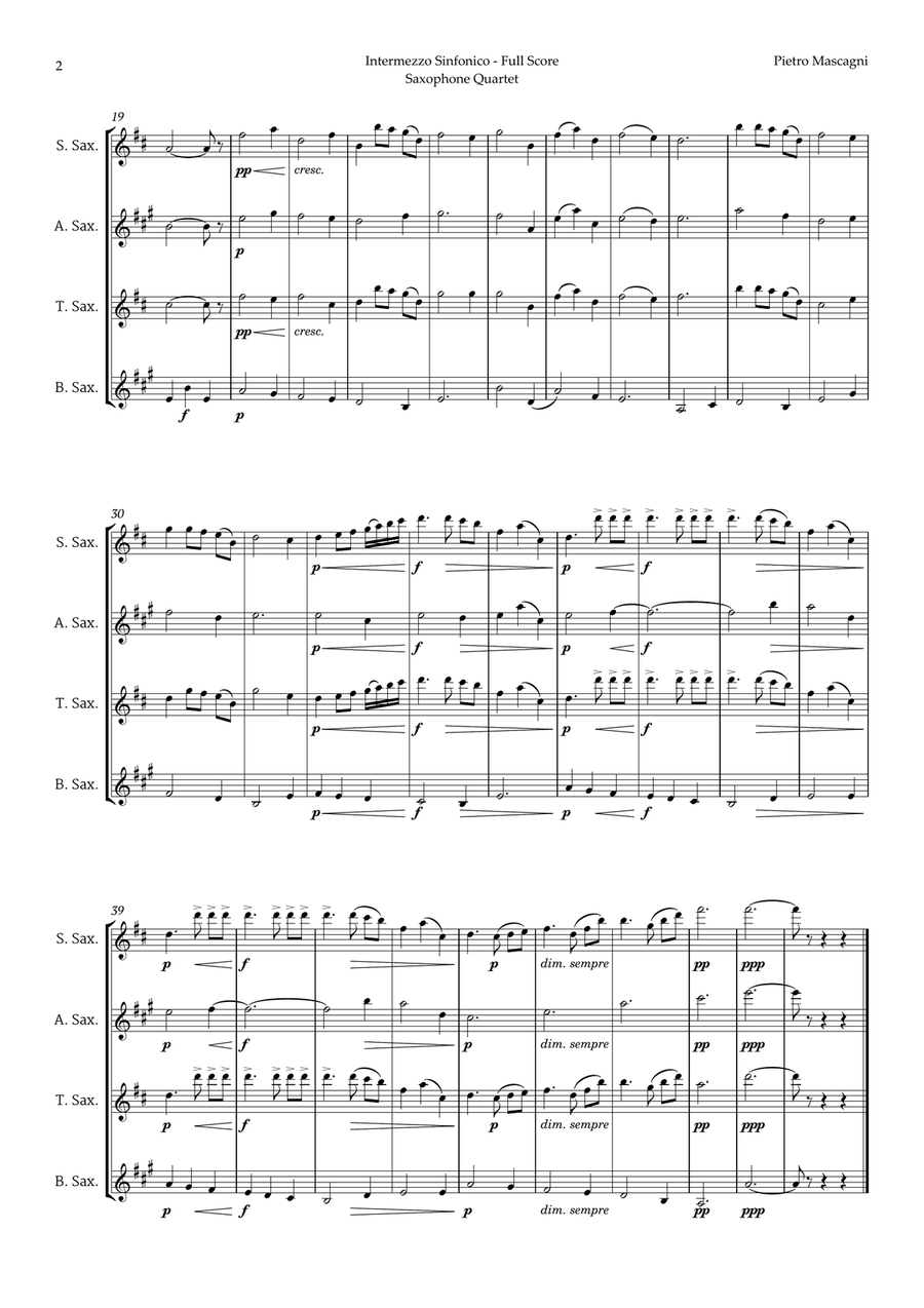 Intermezzo Sinfonico by Pietro Mascagni for Saxophone Quartet Saxophone Quartet scores gallery preview page 2