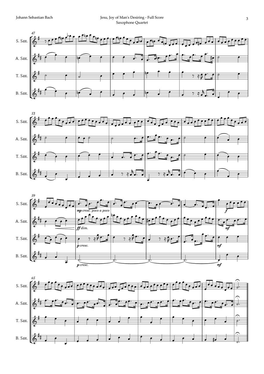 Jesu, Joy of Man's Desiring by Bach for Saxophone Quartet Saxophone Quartet scores gallery preview page 3