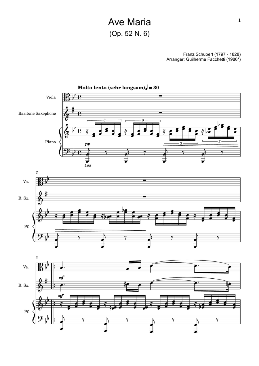 Ave Maria by F. Schubert – Viola, B. Sax and Piano. Score and Parts Small Ensemble scores gallery preview page 1