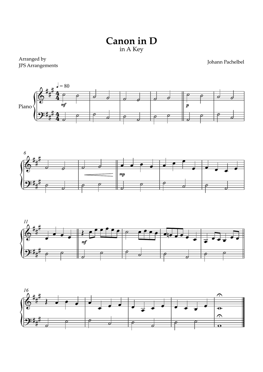 Canon in D for beginner piano in A key Easy Piano scores gallery preview page 1