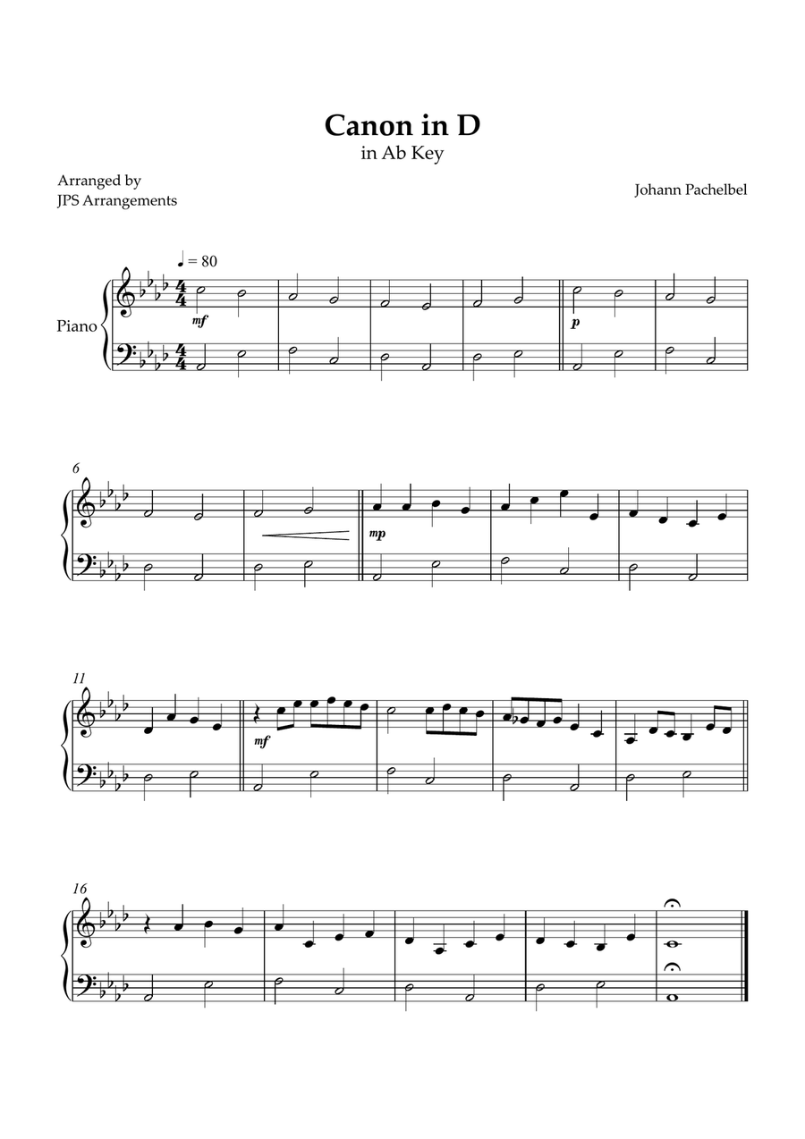 Canon in D for beginner piano in Ab key Easy Piano scores gallery preview page 1