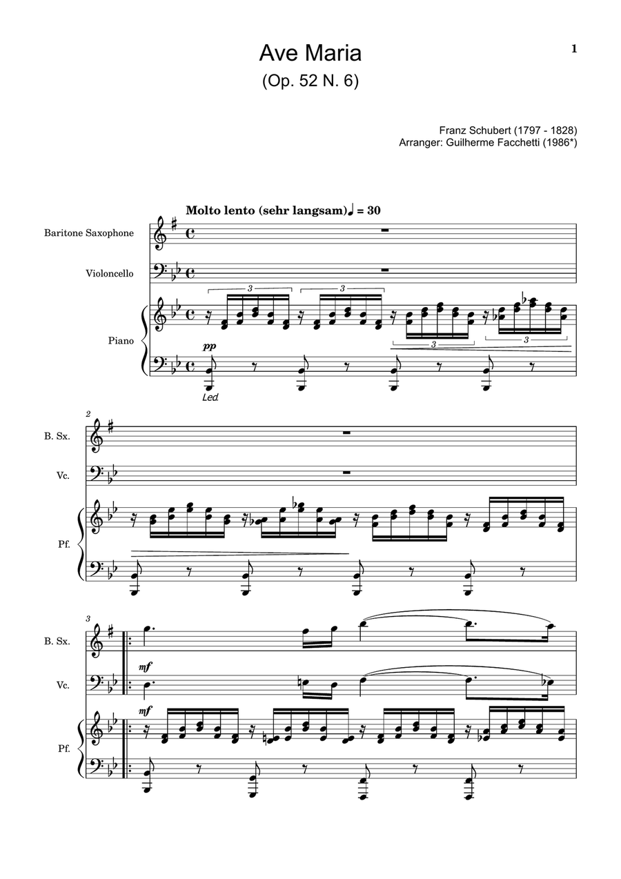 Ave Maria by F. Schubert – B. Sax, Cello and Piano. Score and Parts Small Ensemble scores gallery preview page 1