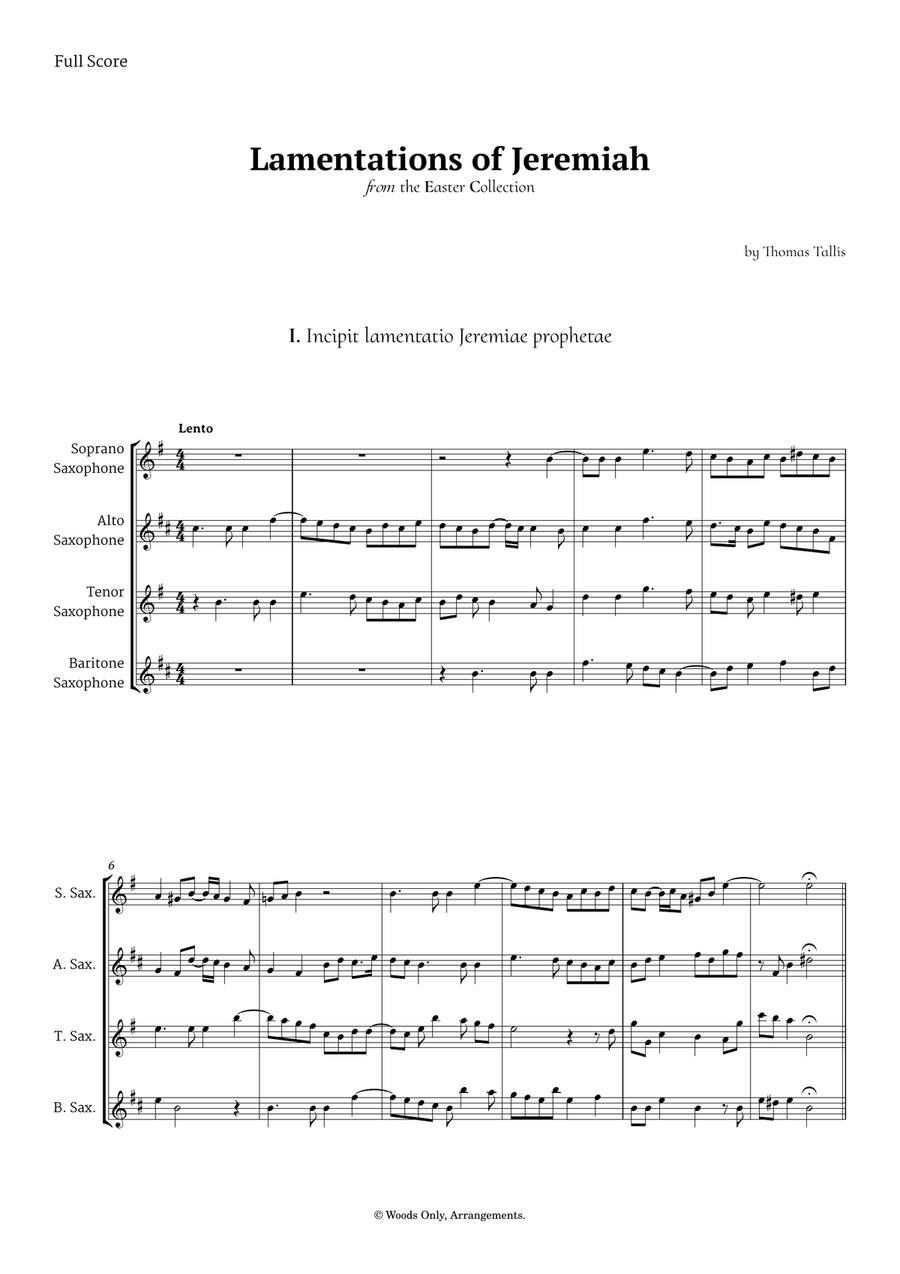 Lamentations of Jeremiah by Thomas Tallis for Saxophone Quartet Saxophone Quartet scores gallery preview page 1