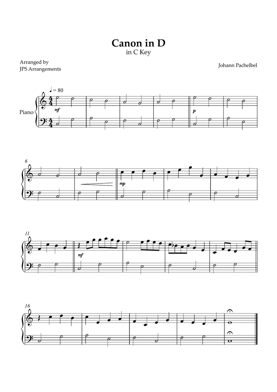 Canon in D for beginner piano in C key Easy Piano scores gallery preview page 1