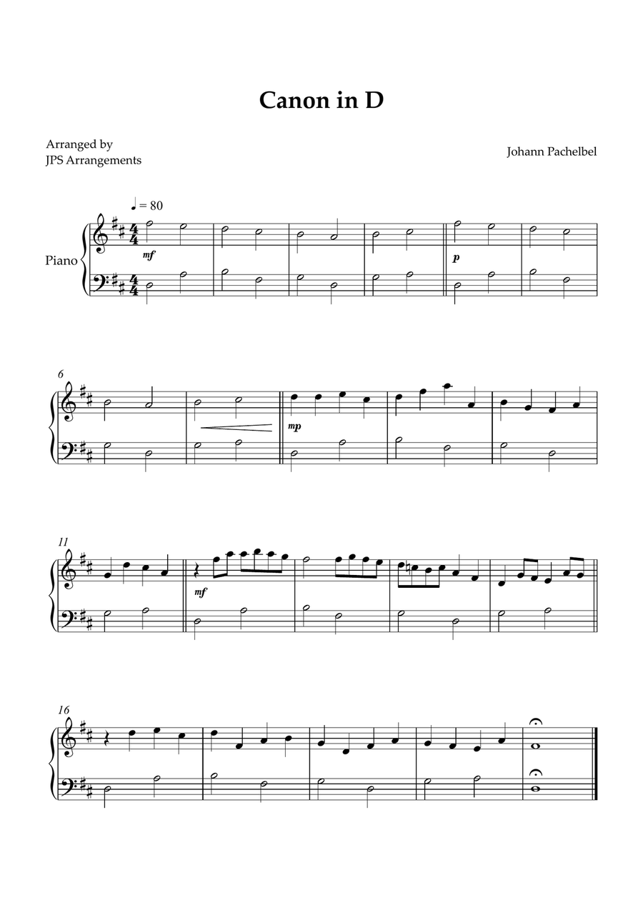 Canon in D for beginner piano Easy Piano scores gallery preview page 1
