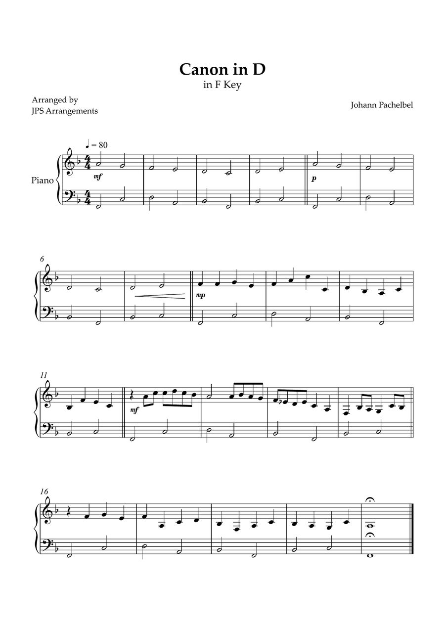 Canon in D for beginner piano in F key Easy Piano scores gallery preview page 1