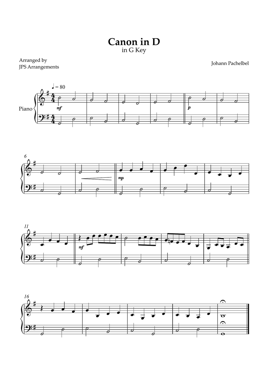 Canon in D for beginner piano in G key Easy Piano scores gallery preview page 1