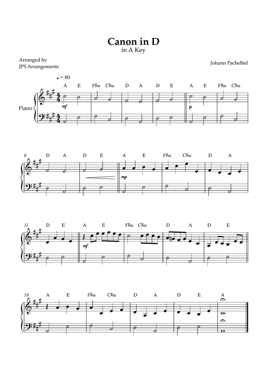 Canon in D for beginner piano in A key Easy Piano scores gallery preview page 1