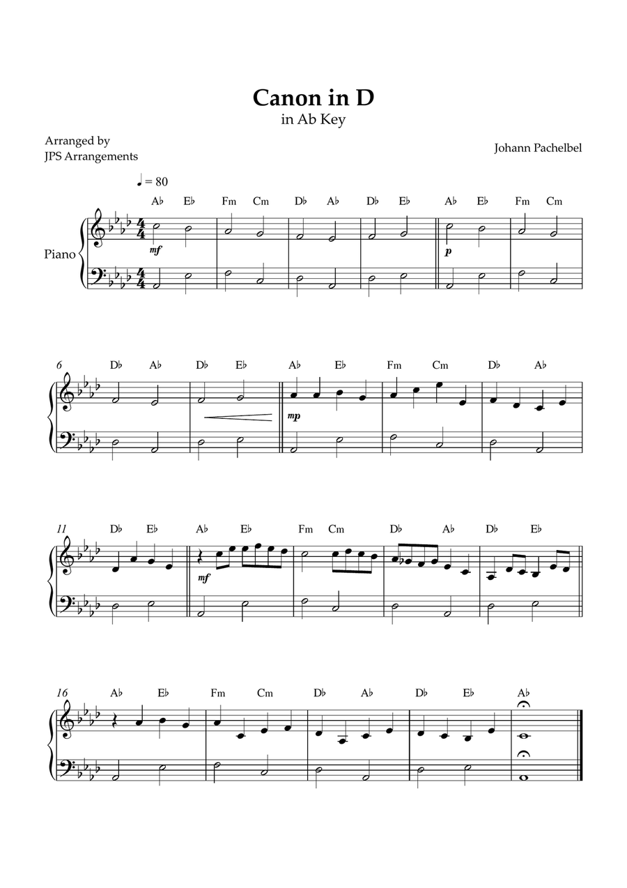 Canon in D for beginner piano in Ab key Easy Piano scores gallery preview page 1