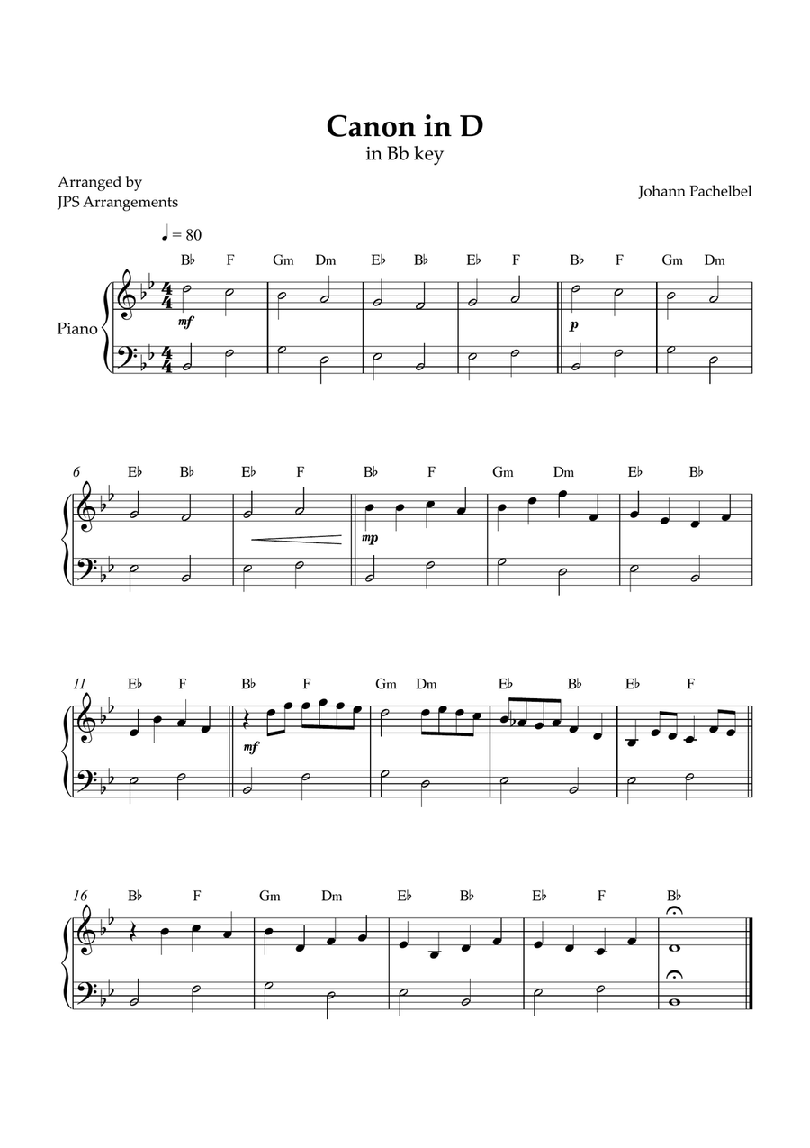 Canon in D for beginner piano in Bb key Easy Piano scores gallery preview page 1