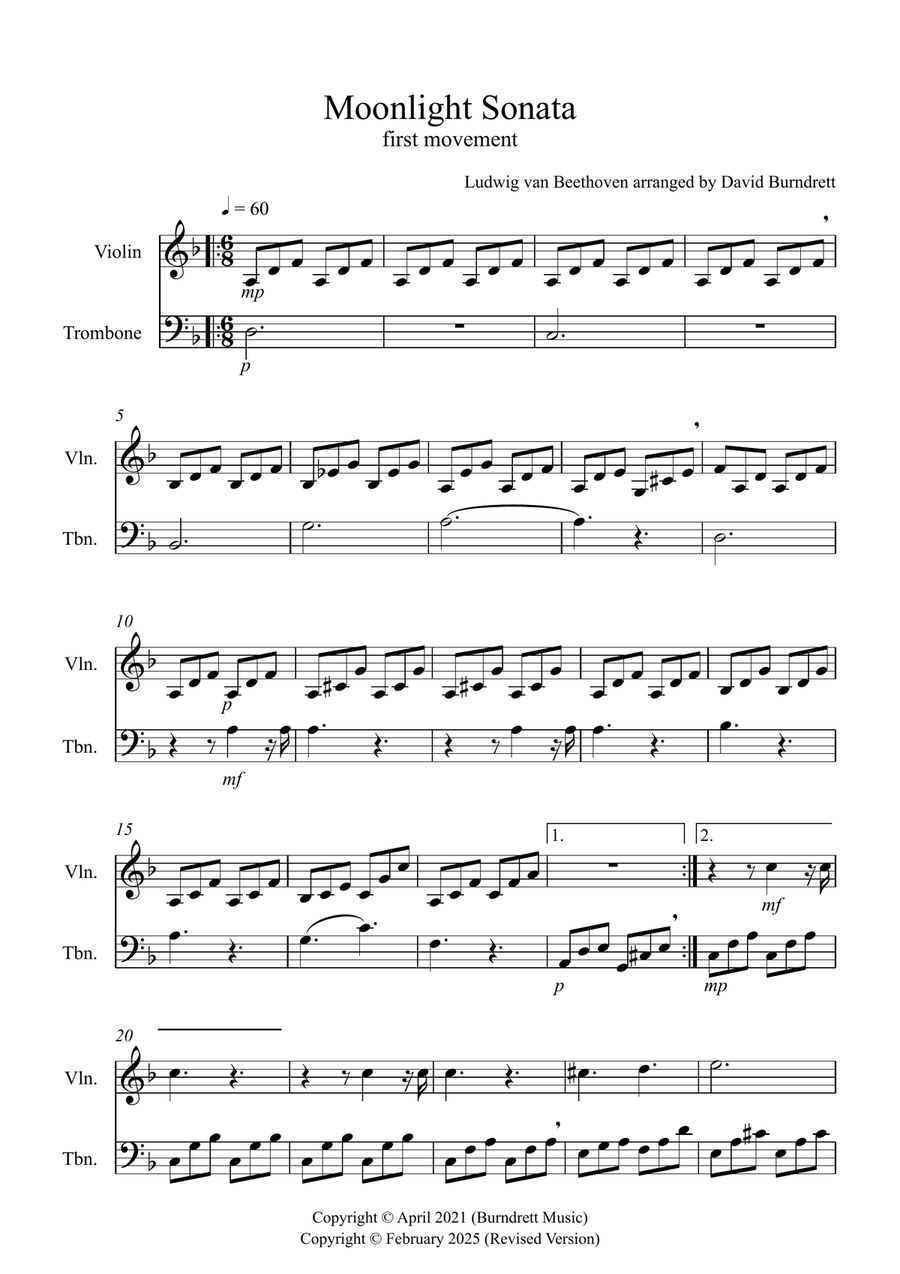 Moonlight Sonata for (1st movement) for Violin and Trombone Duet Trombone scores gallery preview page 1