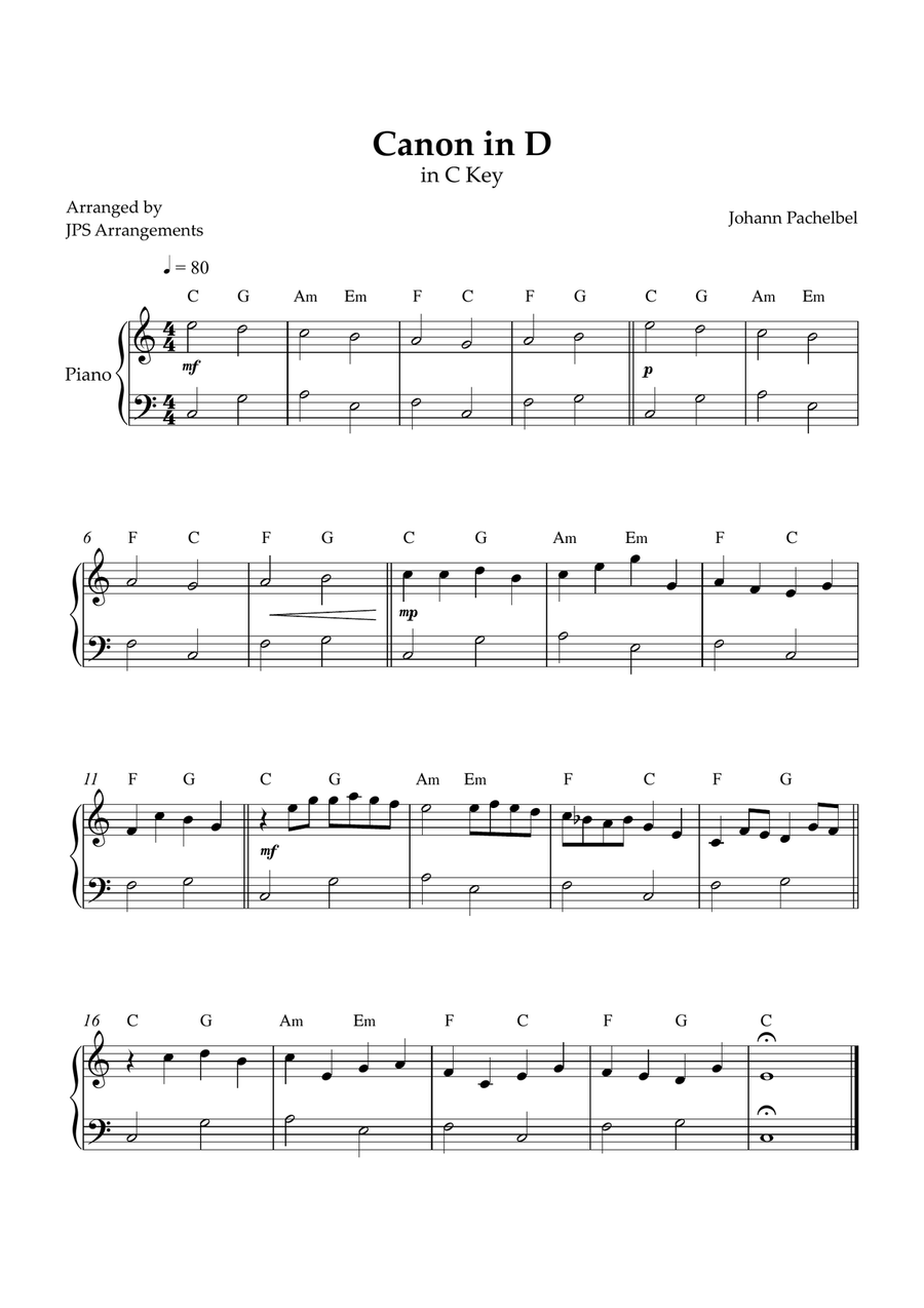 Canon in D for beginner piano in C key Easy Piano scores gallery preview page 1