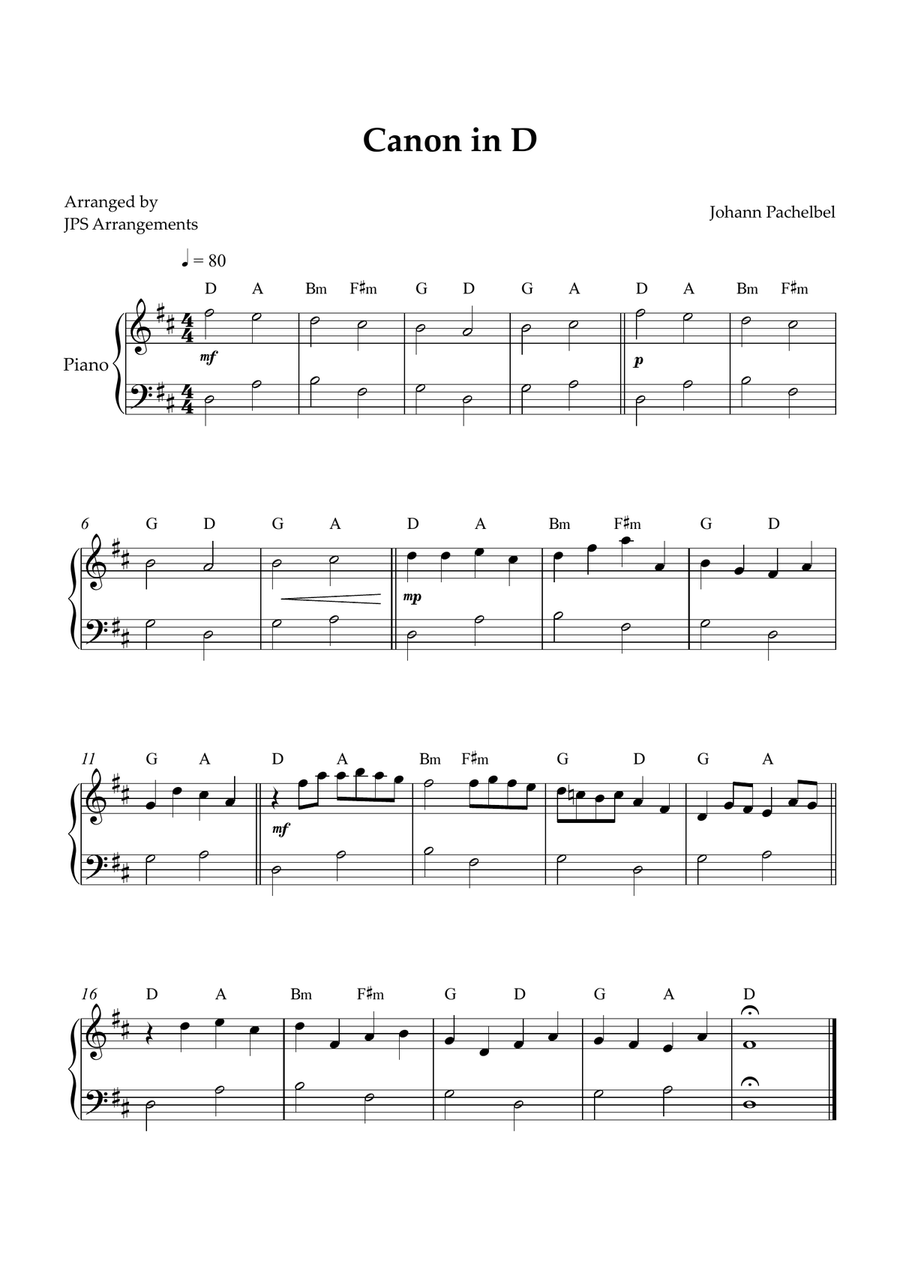 Canon in D for beginner piano Easy Piano scores gallery preview page 1
