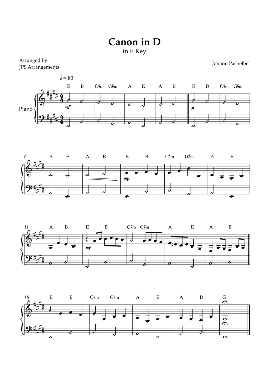 Canon in D for beginner piano in E Key Easy Piano scores gallery preview page 1