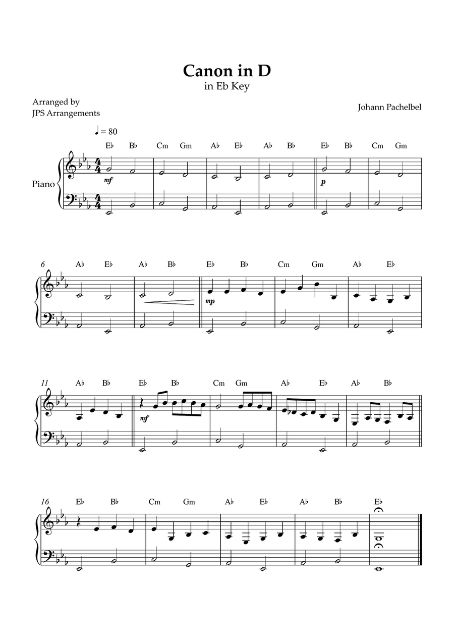 Canon in D for beginner piano in Eb Key Easy Piano scores gallery preview page 1