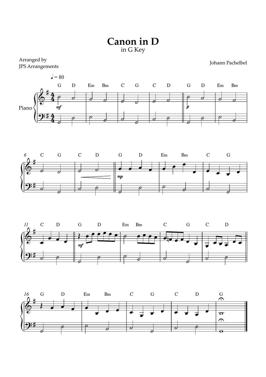 Canon in D for beginner piano in G Key Easy Piano scores gallery preview page 1